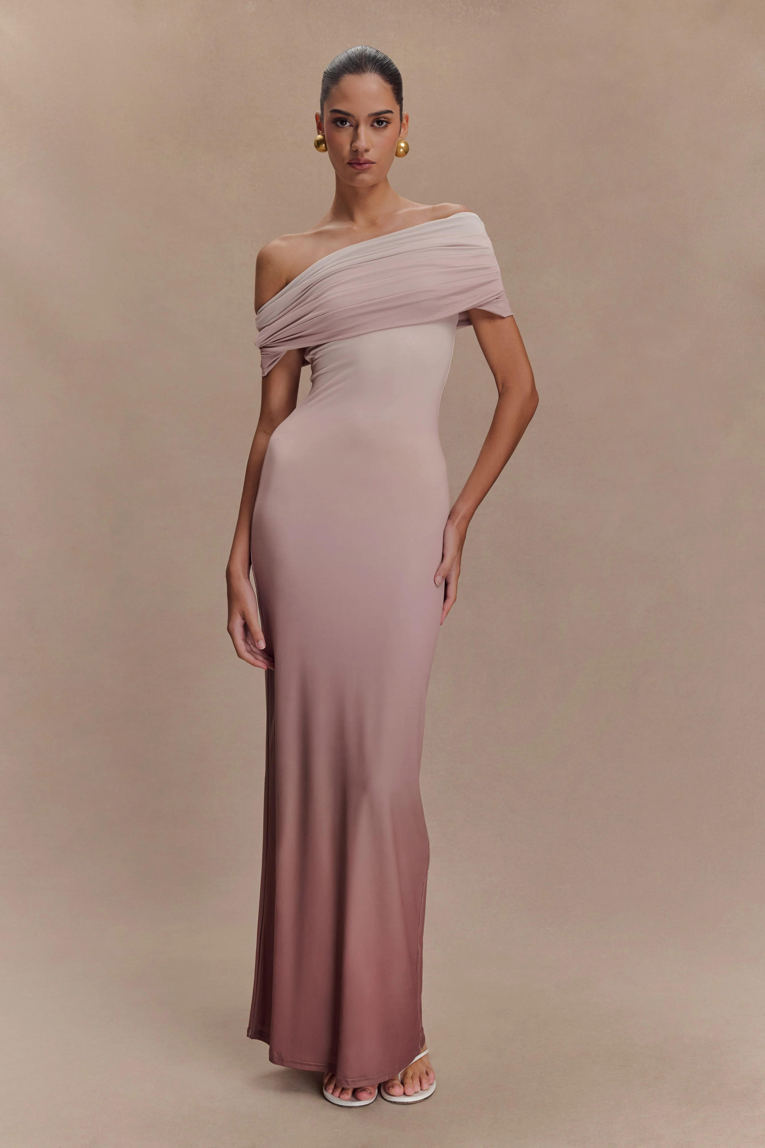 Cassandra Off Shoulder Slinky Maxi Dress - Neutral Ombre | Meshki UK