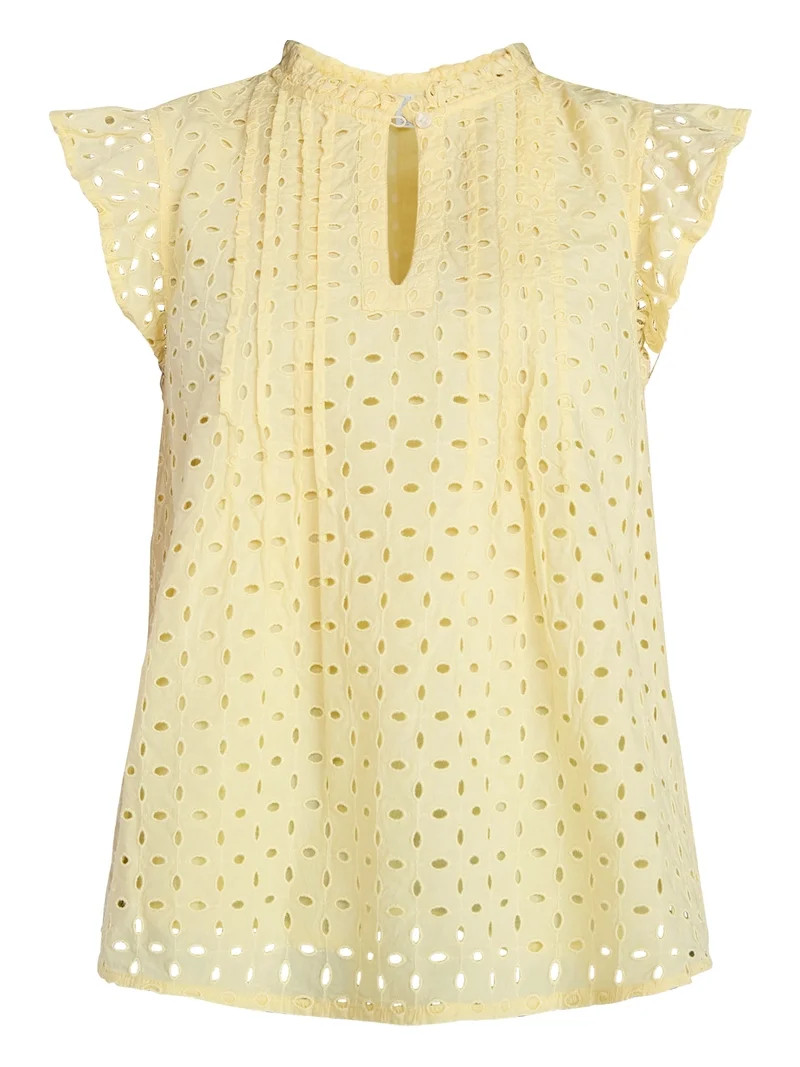 Time and Tru Women's Cotton Eyelet Top with Short Flutter Sleeves, Sizes XS-XXXL | Walmart (US)