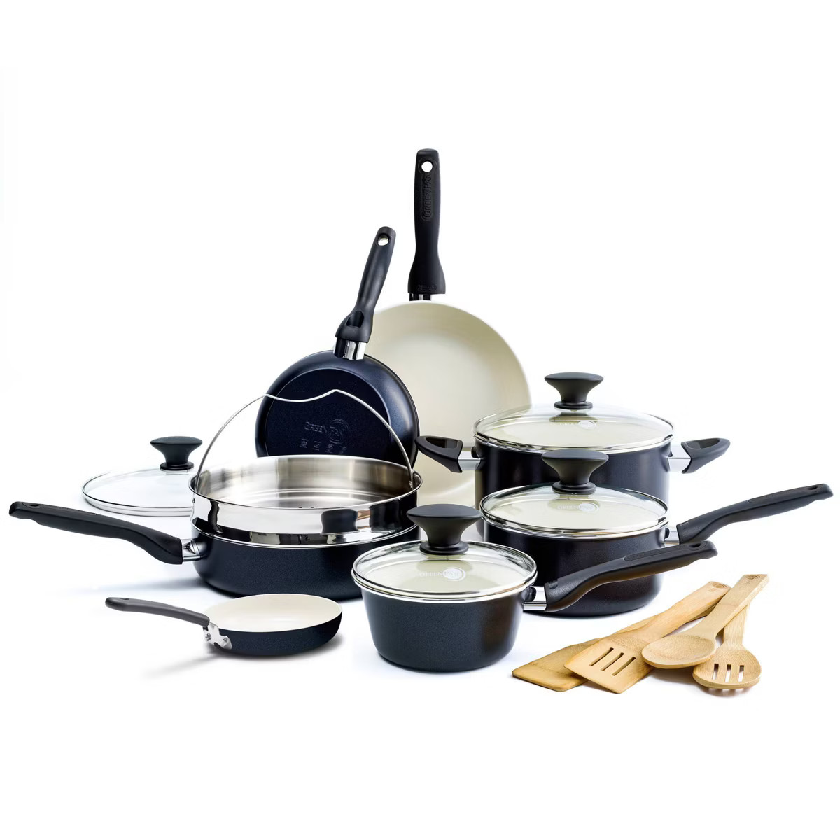 GreenPan Rio 16pc Ceramic Nonstick Cookware Set Black: Pans & Pot Set, Nonstick, Glass Lids, Dish... | Target
