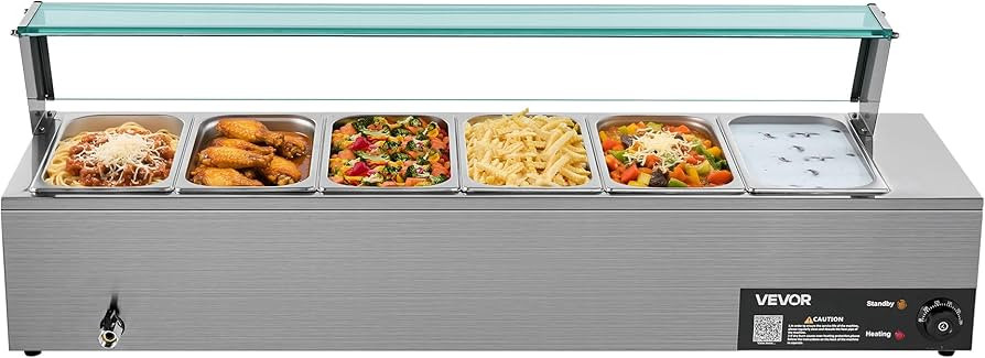 VEVOR Commercial Food Warmer, 1500W Electric Stainless Steel Steam Food Warmer with Glass Cover, ... | Amazon (US)
