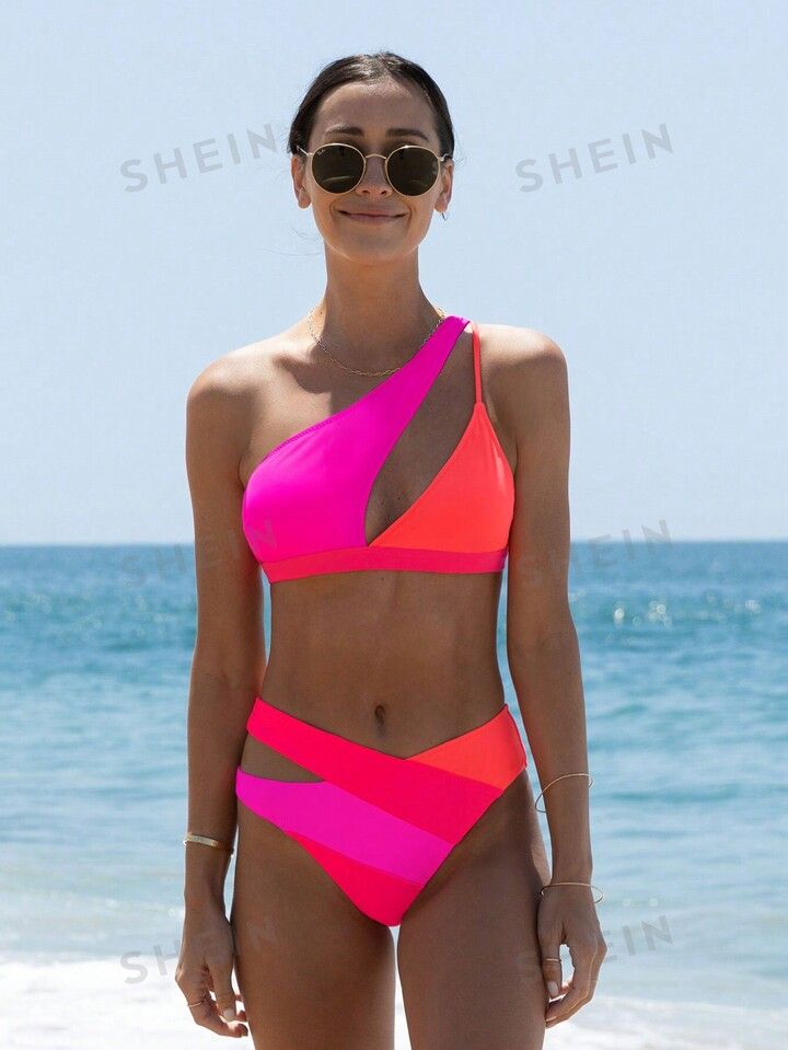 Hollow Out Color Block Splicing Bikini Set For Women, Sweet Style Swimsuit For Summer Beach Or Po... | SHEIN