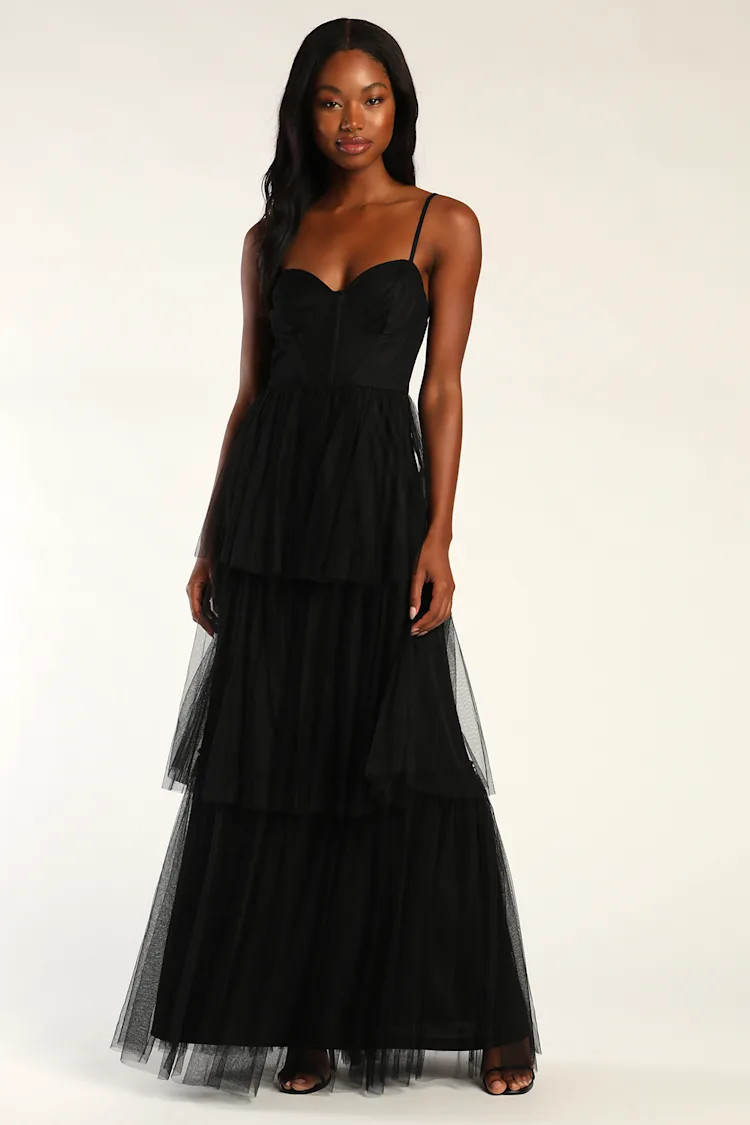 Tulle-y Amazing Black Tulle Sleeveless Bustier Maxi Dress | Lulus