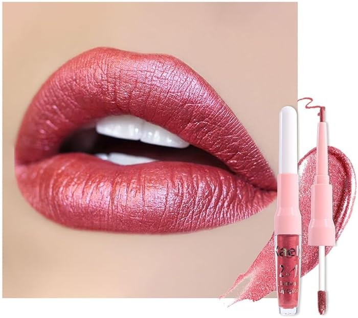 evpct Mauve Red Metallic Glitter Lip Liner and Lipstick Combo Lip Gloss Stain Set Makeup for Wome... | Amazon (US)