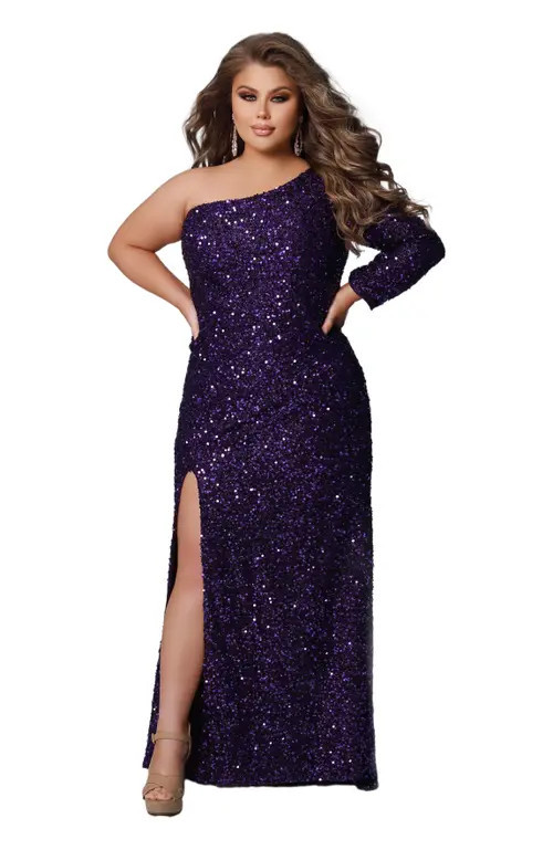 Sydney's Closet One-Shoulder Long Sleeve Sequin Plus Size Gown in Purple at Nordstrom, Size 40 | Nordstrom