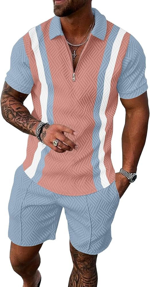UOUA Mens Summer Track Suits 2 Piece Shorts Sets Short Sleeve Sweatsuit Outfits 1/4 Zip Golf Polo... | Amazon (US)