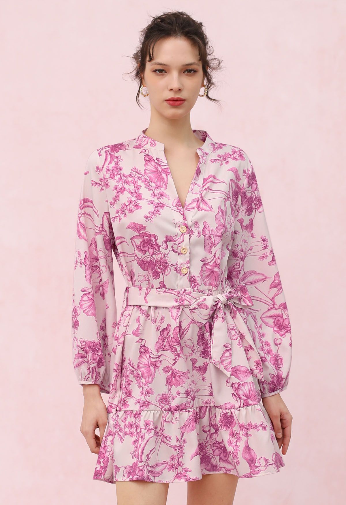 Watercolor Hot Pink Flower Lantern Sleeves Mini Dress | Chicwish
