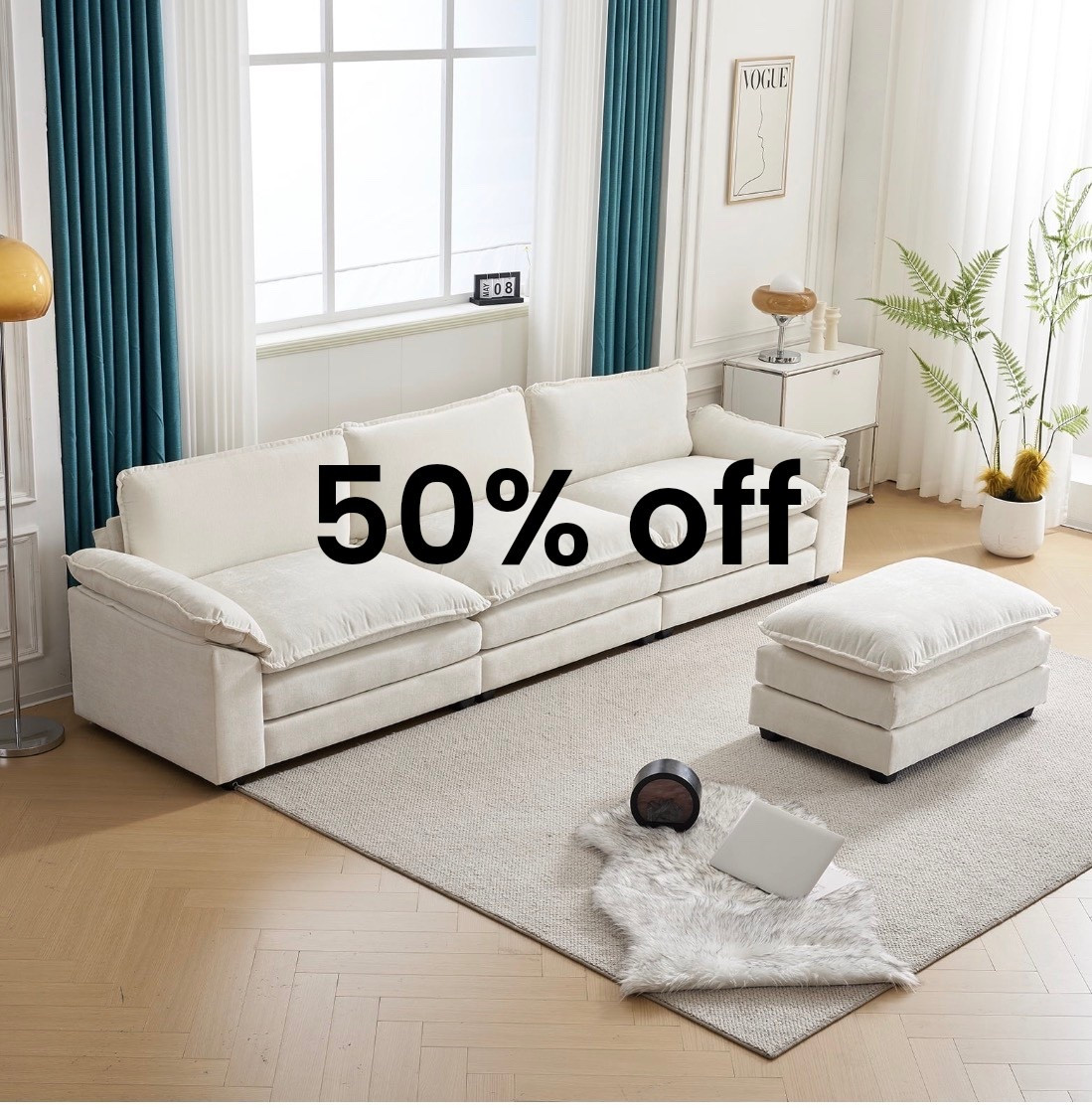 A bright, airy modern living room with a long oversized white cloud-style sofa and matching ottoman on a soft neutral rug. Tall windows flood the space with natural light, framed by teal velvet drapery and sheer white curtains. Minimalist decor with a chrome side table, sculptural lamp, and a single fern plant. Light oak herringbone floors, soft textures, cozy yet elevated atmosphere, Scandinavian meets quiet luxury aesthetic, editorial interior photography, high-end home design, neutral palette, serene, calm, elegant.

⸻

HASHTAGS (25)

#quietluxury
#modernlivingroom
#cloudcouch
#neutralhome
#scandinavianstyle
#interiorinspo
#homedecorideas
#luxuryinteriors
#minimalhome
#cozymodern
#designinspo
#homeaesthetic
#livingroomgoals
#softneutrals
#editorialhome
#modernclassic
#timelessinteriors
#lightandbright
#calmhome
#aestheticspaces
#homeinspiration
#stylishhome
#neutraldecor
#interiorstyling
#trendyhome

I

#LTKGiftGuide #LTKdayinmylife #LTKHoliday