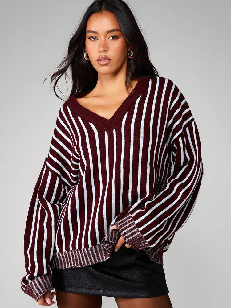 MISSGUIDED Oversized V-Neck Striped Knit Sweater For Fall Winter Casual Layering | SHEIN