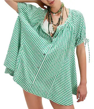Farley Gingham Split V-Neck Short Sleeve Tunic | Dillard's