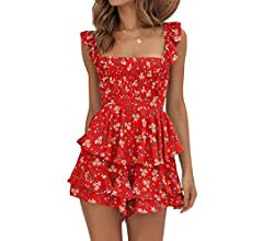 Farktop Womens Sexy Summer Romper Floral Square Neck Ruffle Strap Layer Hem Shorts Jumpsuits | Amazon (US)