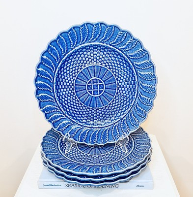 4 Bordallo Pinheiro Blue Dinner Plates Basketweave Tobacco Leaf Embossed 12” | eBay US