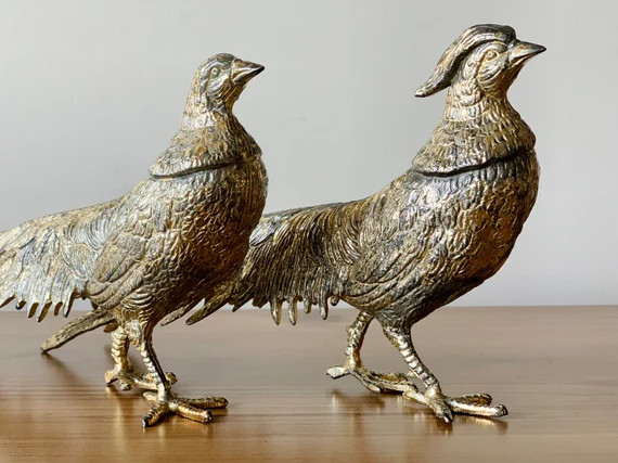 Antique Brass Pheasant Statue Set of 2, Vintage Pheasant Silver Gold Color, Pheasants Male and Fe... | Etsy (US)