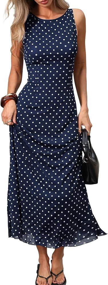ELLEVEN Women’s Polka Dot Maxi Tank Dress, Sleeveless Boat Neck Bodycon Slim Fit Elegant Long D... | Amazon (US)