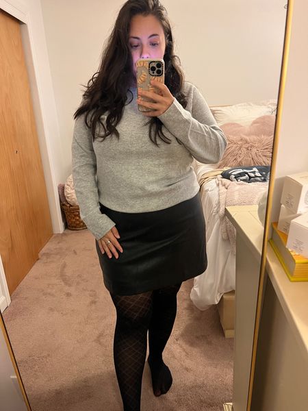 J.Crew Factory fall outfit- leather skirt, grey sweater and tights. The perfect ensemble for day or night

#LTKstyletip #LTKmidsize #LTKSeasonal