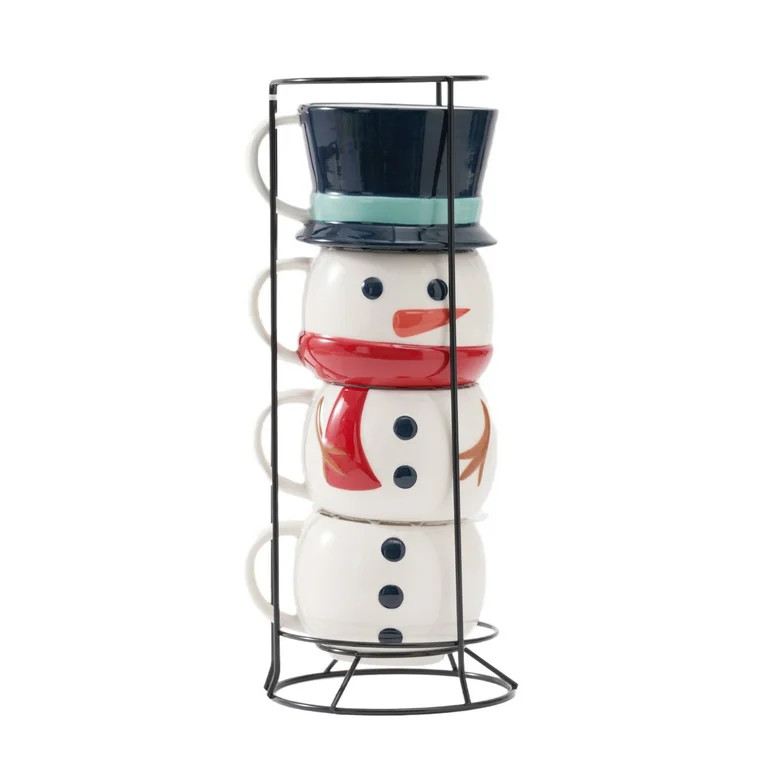 Snowman Stacking Ceramic Mug Set with Rack 12 OZ 5-Piece Holiday Time | Walmart (US)