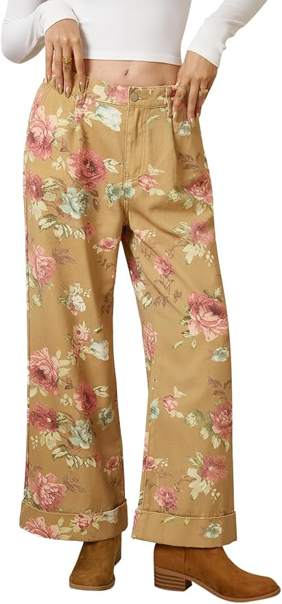 Cicy Bell Women's Floral Baggy Wide Leg Jeans Casual High Waisted Boyfriend Vintage Boho Denim Pa... | Amazon (US)