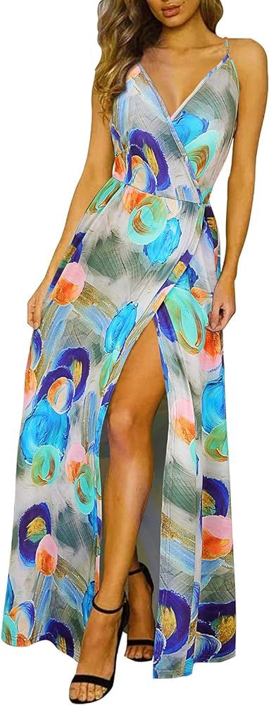 II ININ Women's 2023 Maxi Sundresses Summer Beach Long Wrap V-Neck Floral/Solid Casual Dress for ... | Amazon (US)