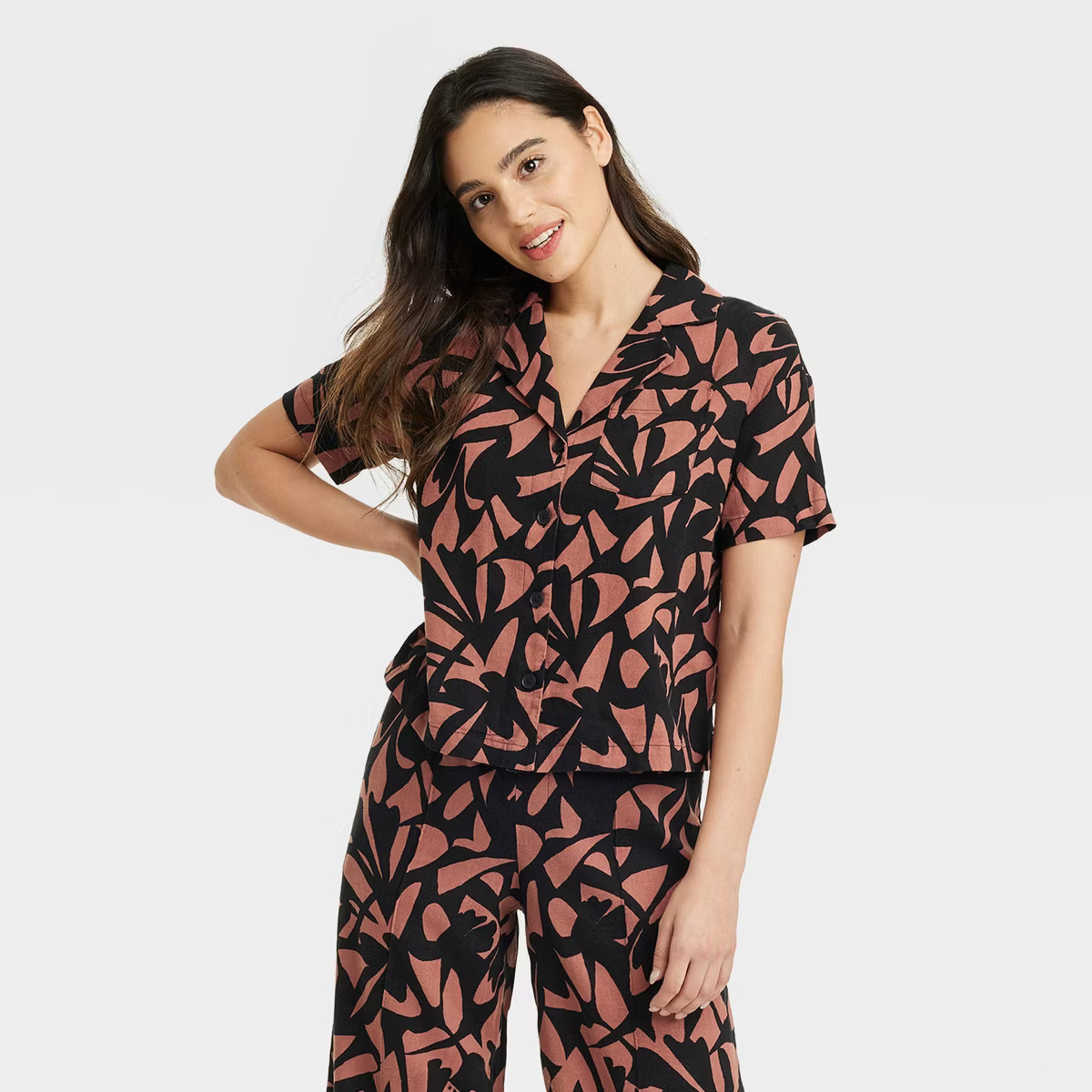 Women's Linen Short Sleeve Button-Down Camp Shirt - A New Day™ Black/Brown Floral S | Target