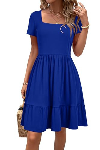Newshows Women's Summer Dress Short Sleeve Square Neck Dresses Casual Beach Vacation A Line Ruffle Sundress with Pockets(Royal Blue,S) | Amazon (US)