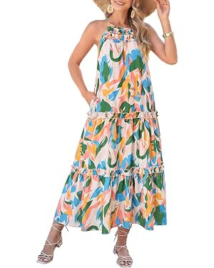 GRACE KARIN 2026 Women's Floral Halter Maxi Dress Boho Summer Beach Sundress with Tiered Ruffle S... | Amazon (US)