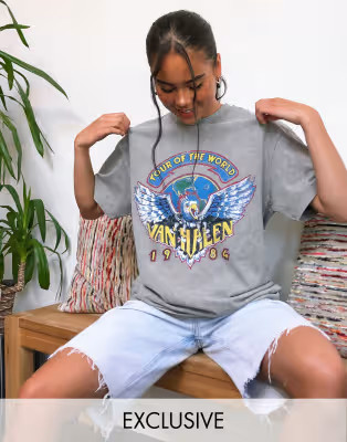 Reclaimed Vintage inspired t shirt with Van Halen print in grey | ASOS (Global)