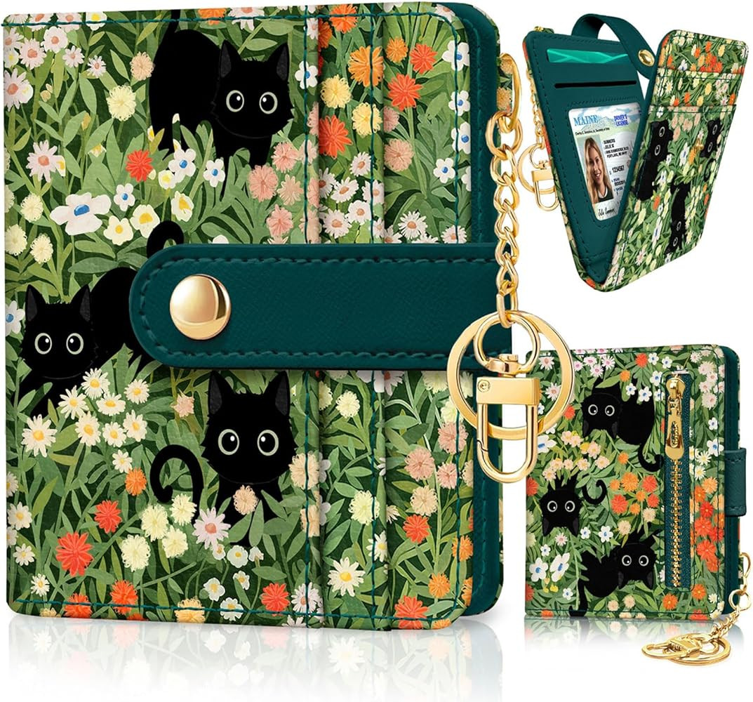 Black Cat Floral Rfid Women Wallet, Small Slim Thin Credit Card Wallet, PU Leather Bifold Cash Zi... | Amazon (US)