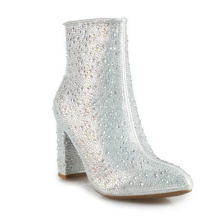 Women s Stunning Silver Rhinestone Pointed-Toe Heeled Ankle Boots | Walmart (US)