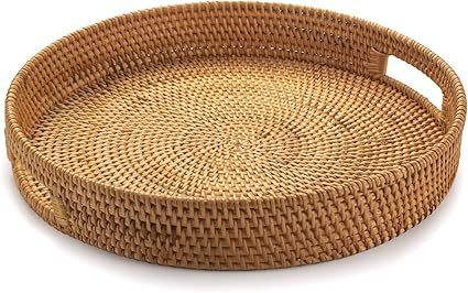 Rattan Round Serving Tray, Hand Woven Serving Basket with Cut - Out Handles, Wicker Fruit / Bread... | Amazon (US)