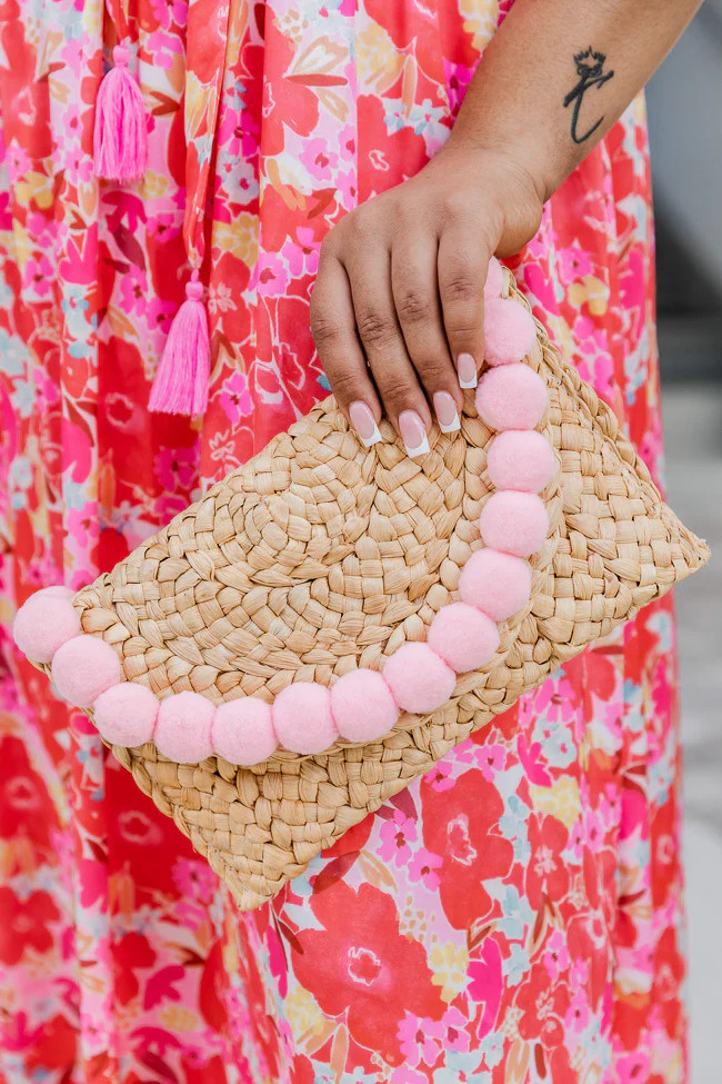 Pom Pomp and Circumstance Pink Pom Straw Clutch | Pink Lily