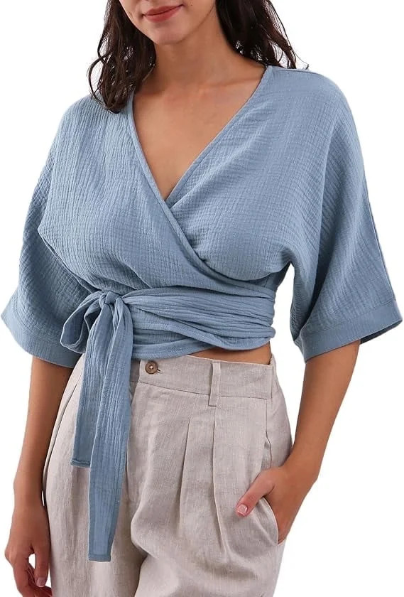 Amazhiyu Womens Summer Short Sleeve Crop Tops Cotton V Neck Self Tie Wrap Blouse | Walmart (US)