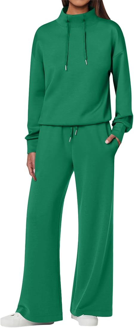 ANRABESS Womens 2 Piece Outfits Sweatsuit Set 2024 Fall Drawstring Sweatshirt Wide Leg Sweatpant ... | Amazon (US)