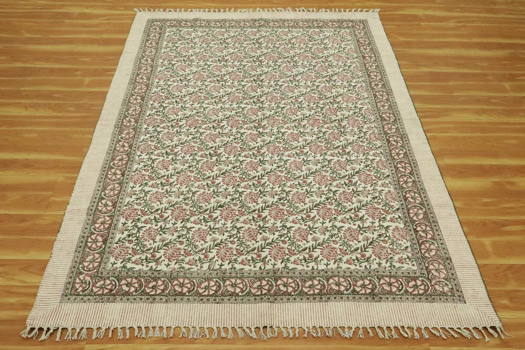 Handmade Block Printed Rug Green Floral Print Rug Living Room Rug Cotton Flatweave Rug Hallway St... | Etsy (US)