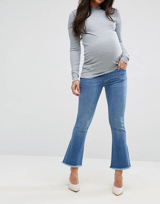 ASOS MATERNITY Crop Kick Flare in Mid Stonewash Blue with Under the Bump Waistband | ASOS UK