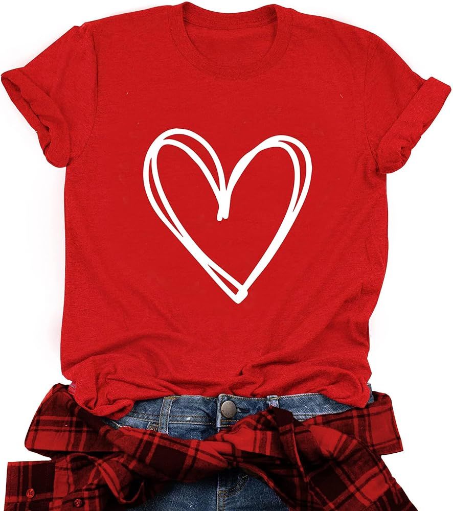 Valentine's Day T-Shirt for Women Red Short-Sleeve Shirt Love Heart Grphic Tees | Amazon (US)