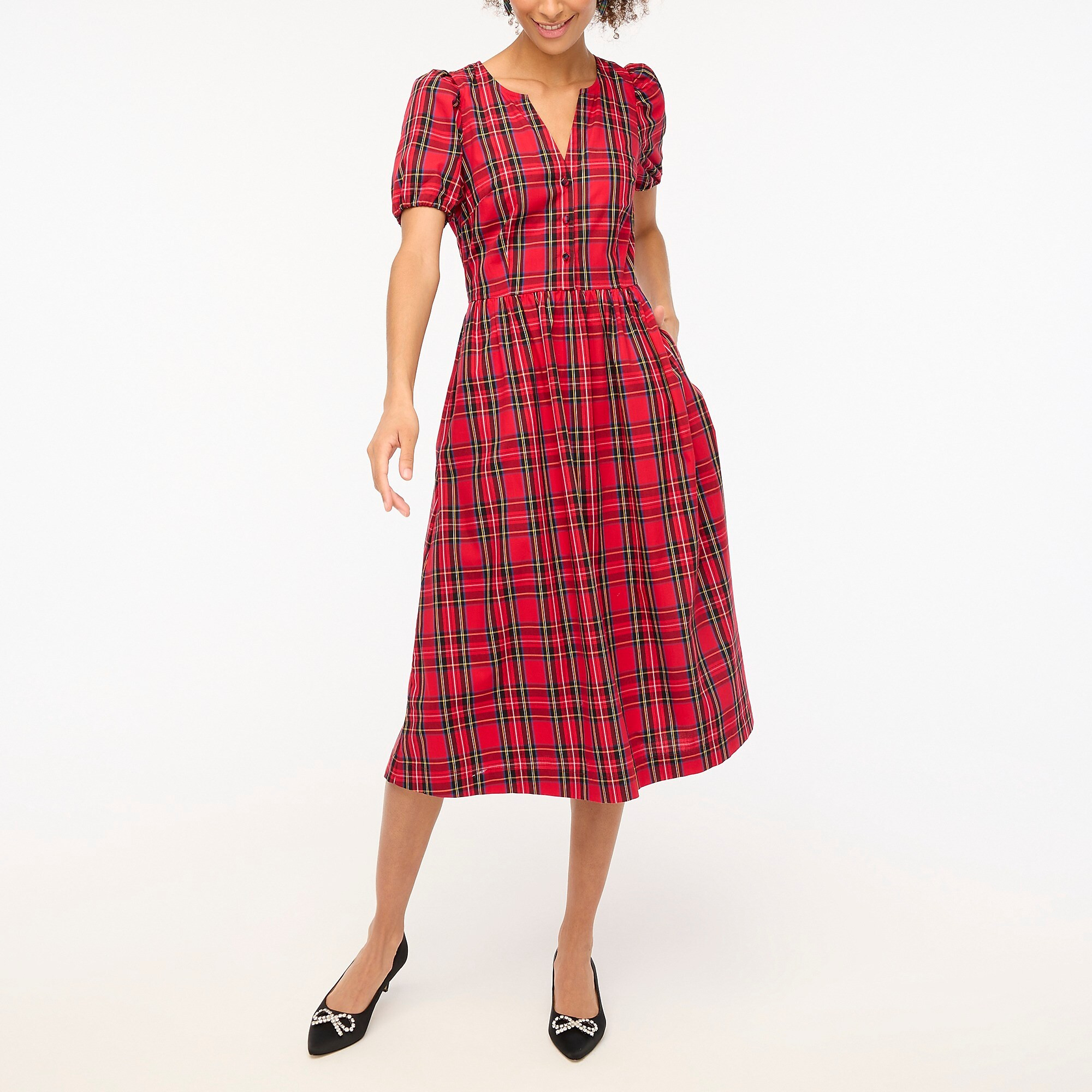 Tartan puff-sleeve cotton poplin dress | J.Crew Factory