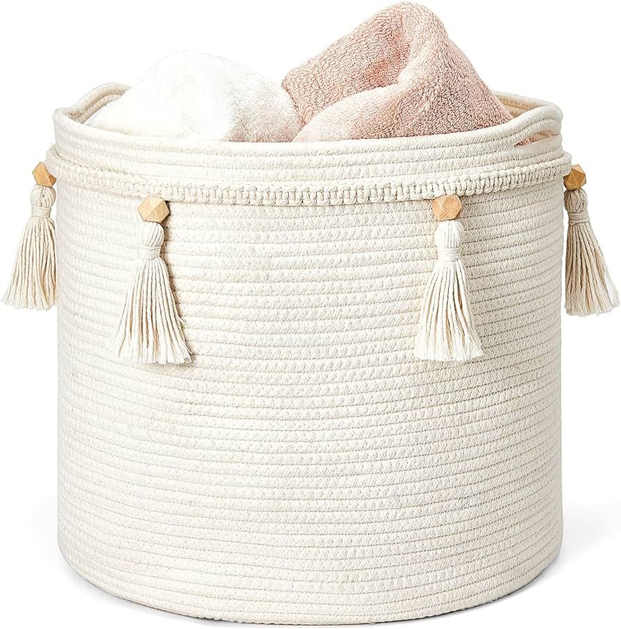 Mkono Macrame Decorative Cotton Rope Basket Boho Cute Woven Tassel Closet Storage Bins Organizer ... | Amazon (US)