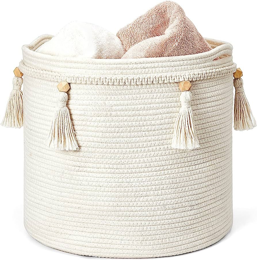 Mkono Macrame Decorative Cotton Rope Basket Boho Cute Woven Tassel Closet Storage Bins Organizer ... | Amazon (US)