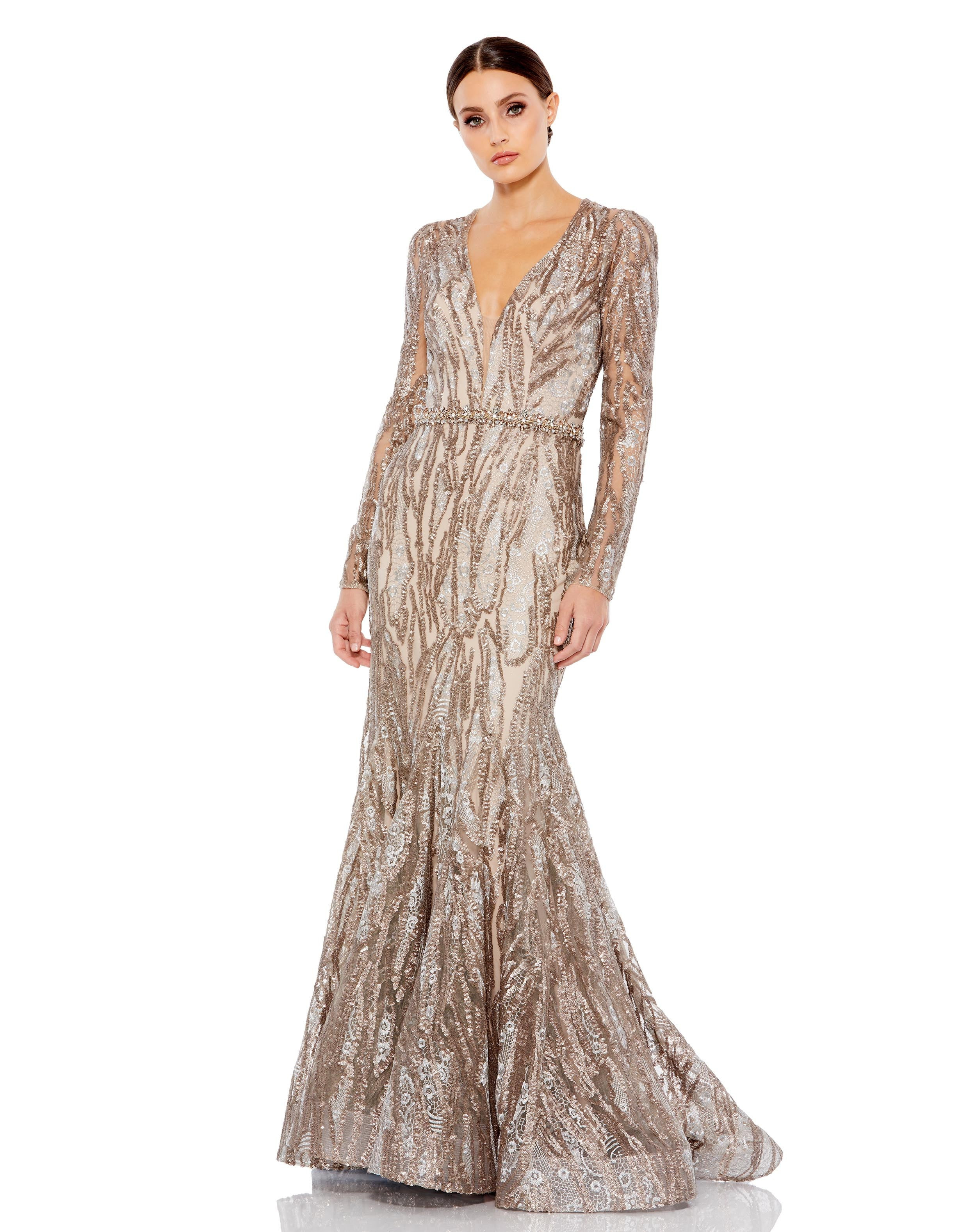 Embellished Long Sleeve Plunge Neck Trumpet Gown | Mac Duggal