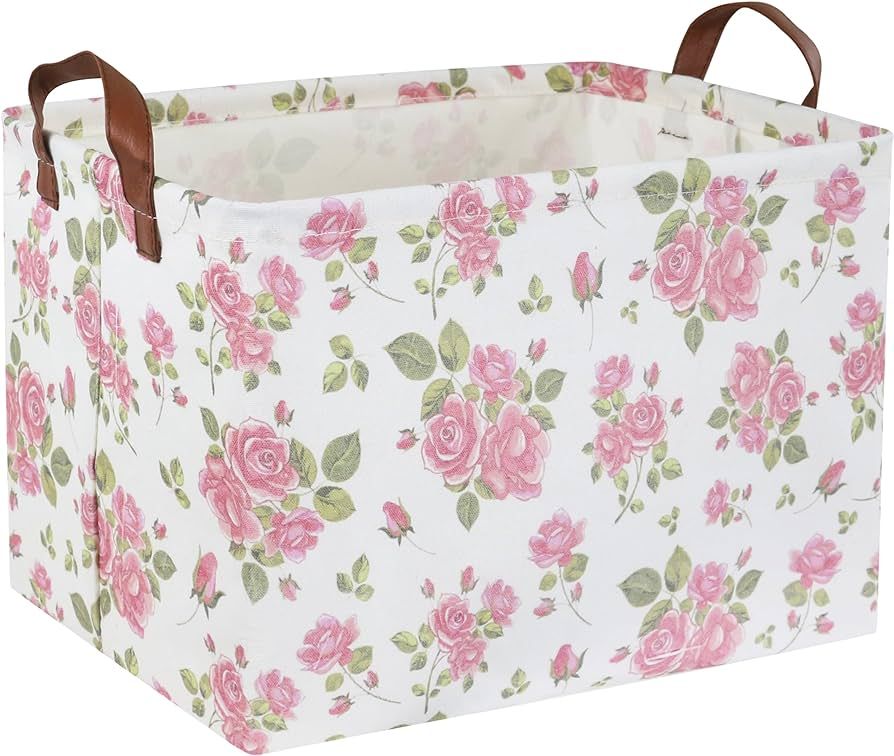 HIYAGON Roses Pink Basket Baby Girl Basket Gift Basket Empty Cute Storage Bin Kids Toy Basket Rec... | Amazon (US)