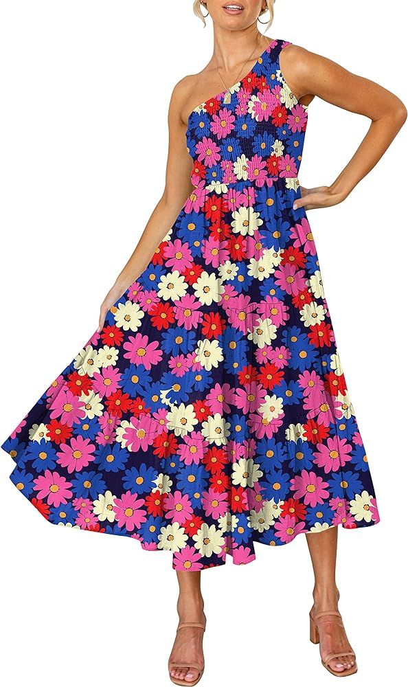 ANRABESS Women's Boho Summer Printed One Shoulder Sleeveless Smocked Flowy Tiered Beach Party Maxi D | Amazon (US)