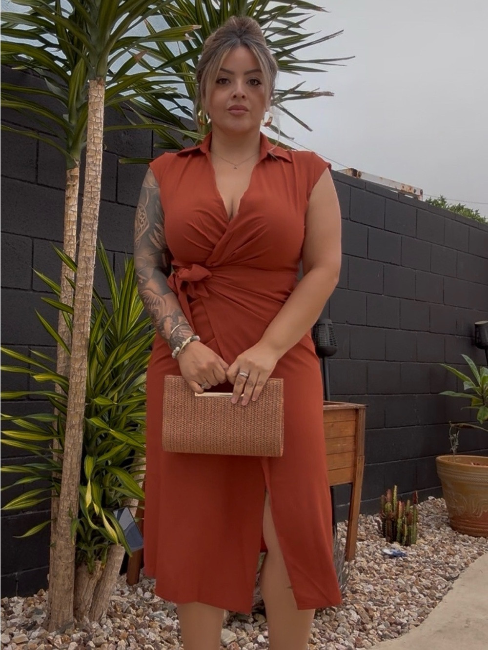 Rust Wrap Midi Dress with Collar - Women | Poshmark