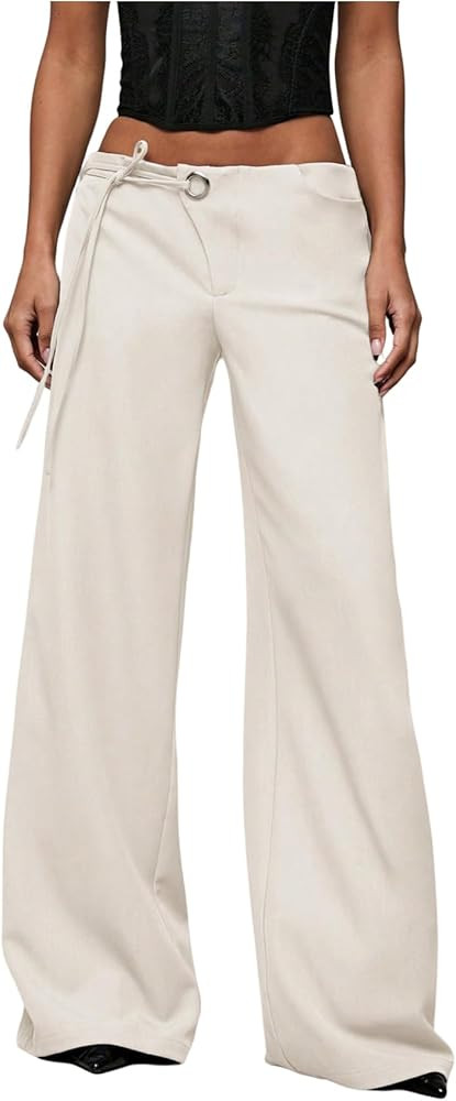 GORGLITTER Women's Low Rise Waisted Dress Pants Wide Leg Straight Trousers Work Slacks Pants Busi... | Amazon (US)