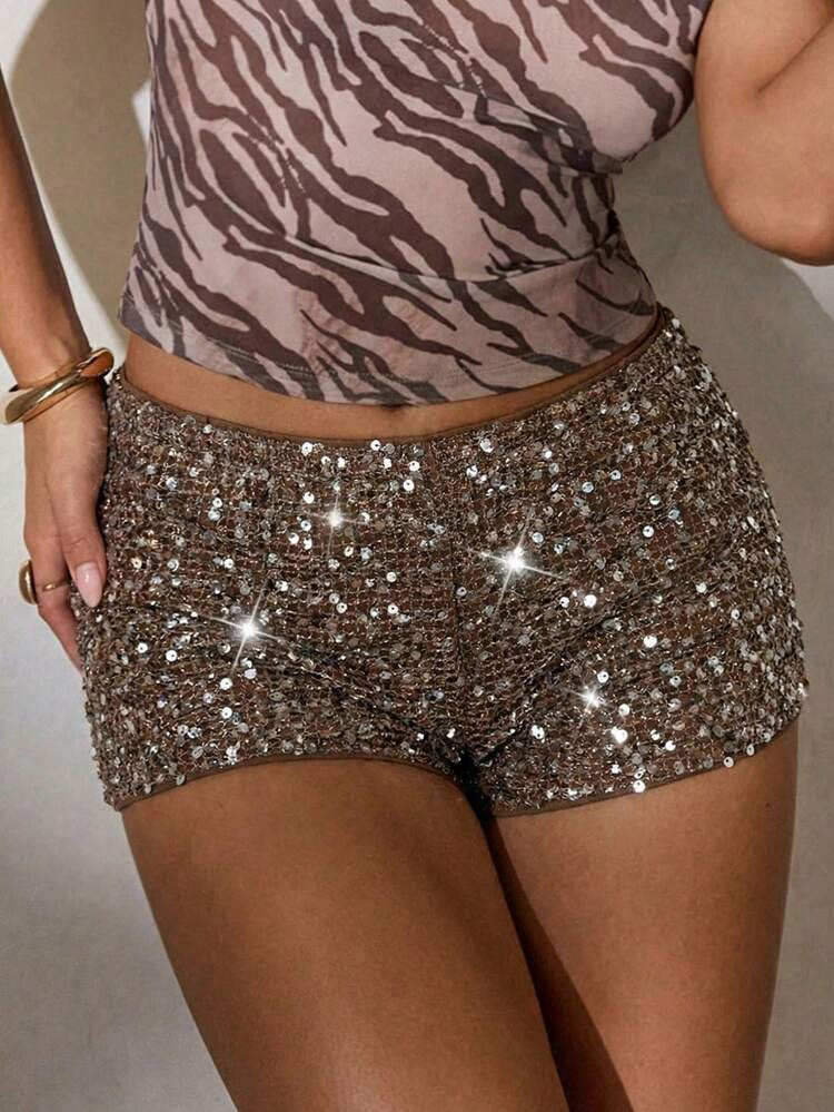 Aloruh Women's Brown Sequin,Summer,Hot,Seksi Chic,Night Sparkly Rhinestone Shorts,Low Waist Bohem... | SHEIN