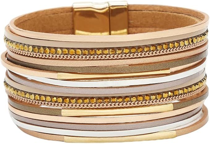 Jewbelet Leather Wrap Bracelet For Women Boho Cuff Multi-Layer Magnetic Clap Bangle Bracelets Jew... | Amazon (US)