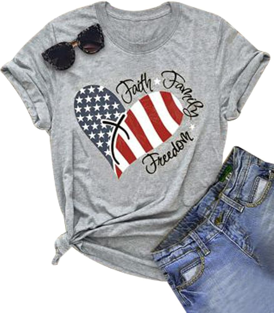UNIQUEONE Women American Flag Print Tee Faith Family Freedom Short Sleeve Blouse T-Shirt Tops | Amazon (US)