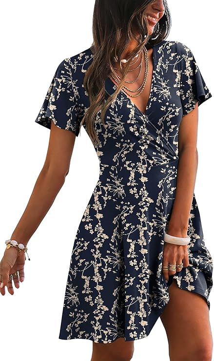 RUMIA Womens Casual Dresses Wrap V Neck Dress A-Line Ruffle Sleeve Summer Sundress Fashion 2026 | Amazon (US)