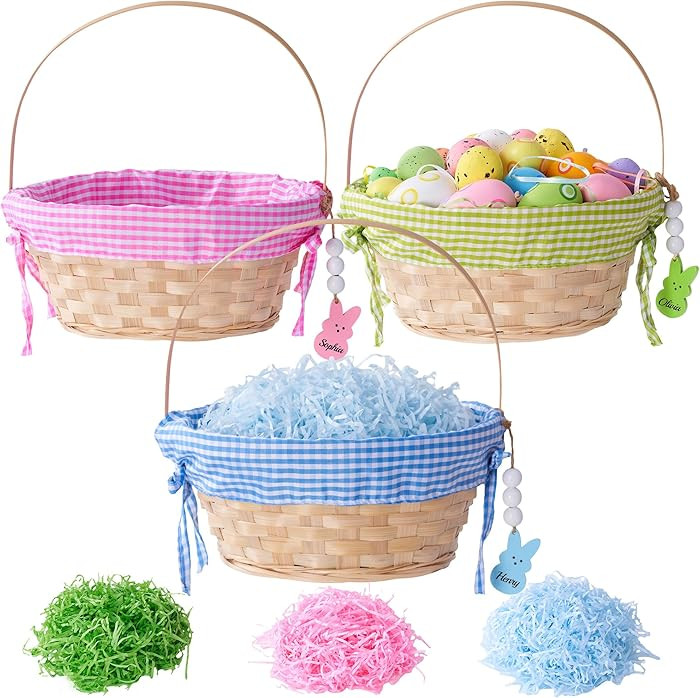 Easter Baskets for Kids, 3 Pcs Large Personalized Wicker Bamboo Easter Basket Empty with Handle, ... | Amazon (US)
