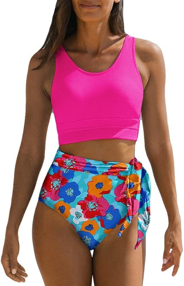 Dokotoo Womens Scoop Neck Racerback High Waisted Bikini Sets Two Piece Swimsuit Floral Print Tumm... | Amazon (US)