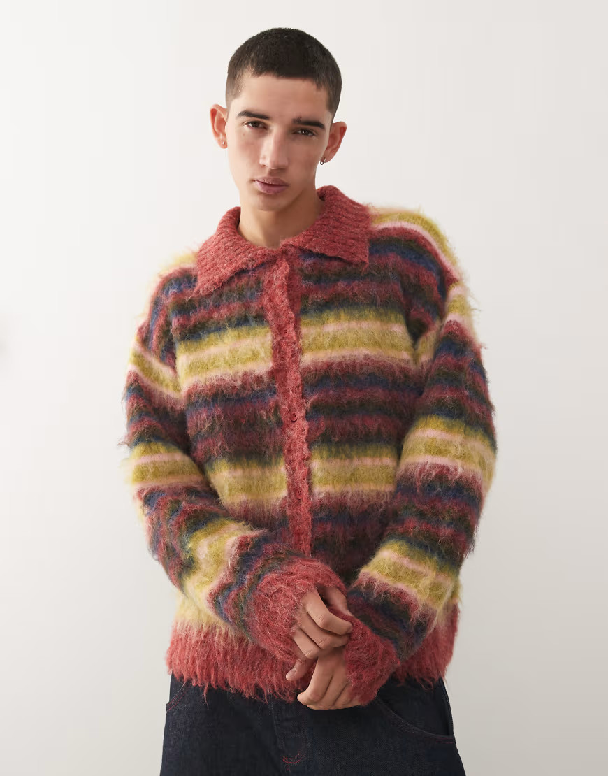 Reclaimed Vintage knit collared cardigan in multi stripe | ASOS (Global)