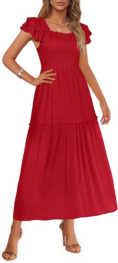 KIRUNDO Womens Summer Ruffle Cap Sleeve Smocked Midi Dress Casual Square Neck A Line Pocketed Flo... | Amazon (US)